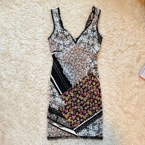 Blumarine Floral Patchwork Lace V-Neck Slip Dress - Black Multi